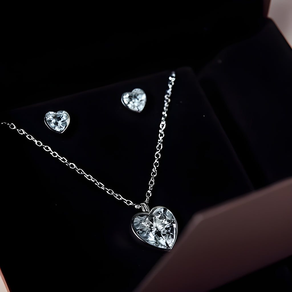 Cubic Zirconia Heart Pendant Necklace & Stud Earrings Set