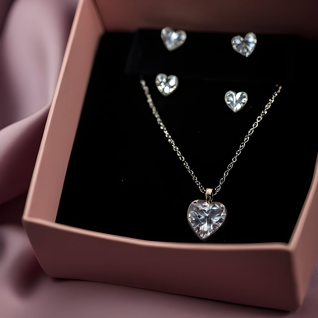 Cubic Zirconia Heart Pendant Necklace & Stud Earrings Set