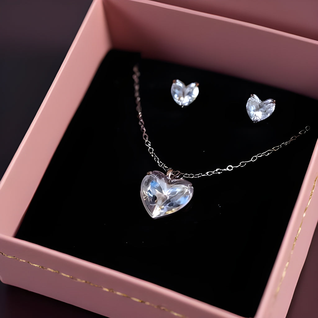 Cubic Zirconia Heart Pendant Necklace & Stud Earrings Set